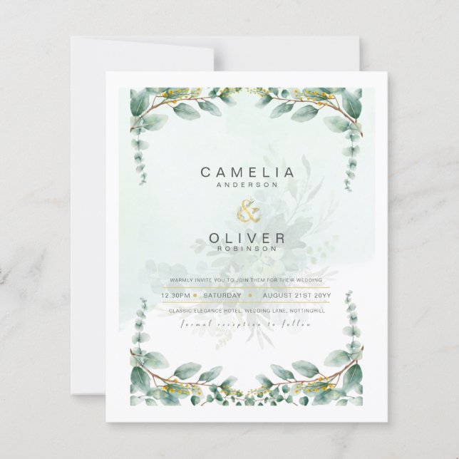 LeahG Greenery Eucalyptus Gold Wedding Invite QR C (Vorderseite)