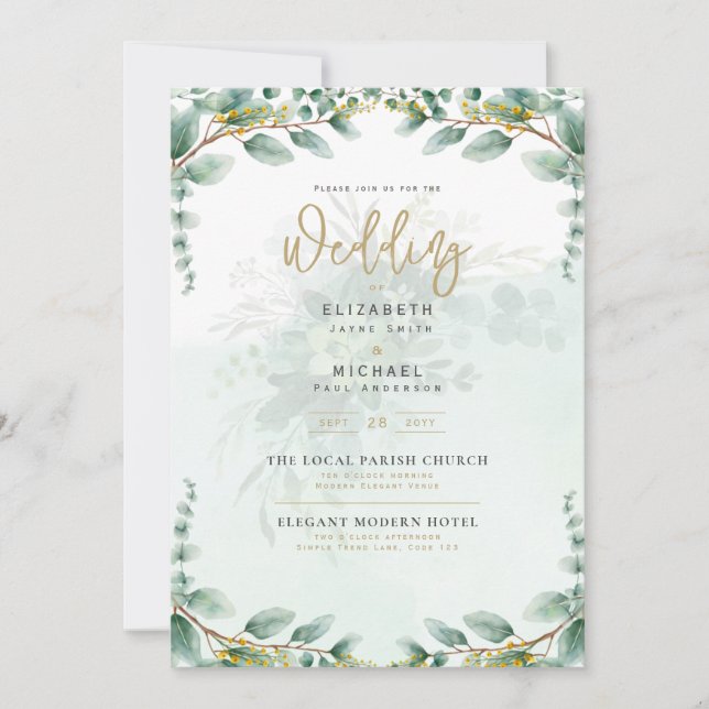 LeahG Greenery Eucalyptus Gold Wedding Invite QR C Einladung (Vorderseite)
