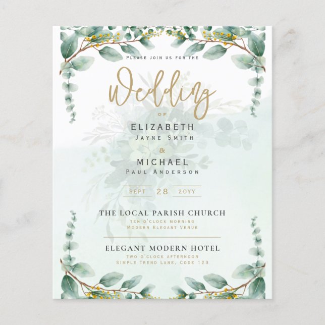 LeahG Greenery Eucalyptus Gold Wedding Invite QR C Flyer (Vorne)