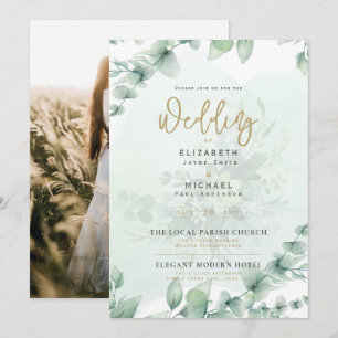 LeahG Greenery Gold FOTO Wedding Einladung