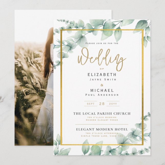 LeahG Greenery Gold FOTO Wedding Einladung (Vorne/Hinten)