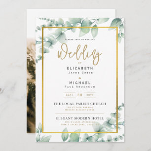 LeahG Greenery Gold FOTO Wedding Einladung