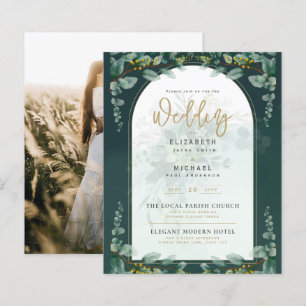 LeahG Greenery Gold FOTO Wedding Einladung