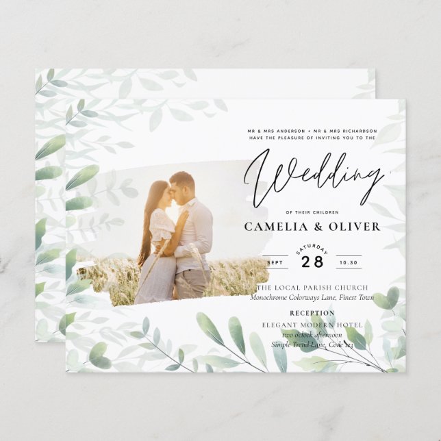 LeahG Greenery Leaves FOTO OVERLAY Wedding Einladu (Vorne/Hinten)