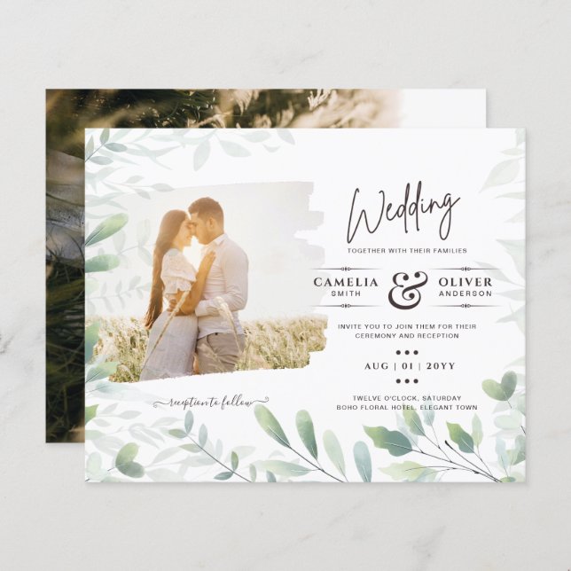 LeahG Greenery Leaves FOTO OVERLAY Wedding Einladu (Vorne/Hinten)