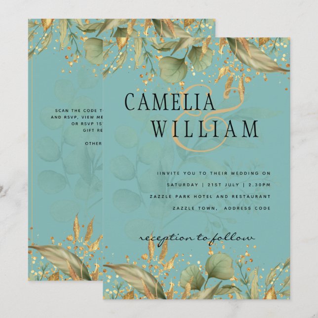 LeahG Greenery Sea Glass Aquamarin Gold Wedding Ei Einladung (Vorne/Hinten)