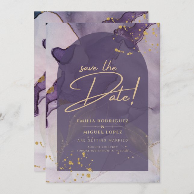 LeahG Ink Ombre Lila Lavender Gold Wedding Einladung (Vorne/Hinten)