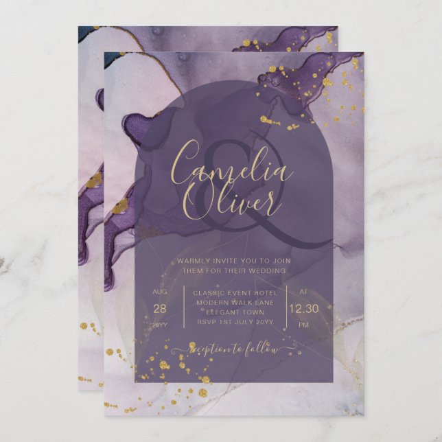 LeahG Ink Ombre Lila Lavender Gold Wedding Einladung (Vorne/Hinten)