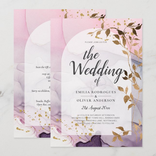 LeahG Ink Ombre Lila Pink Pink Gold Hochzeit Einladung (Vorne/Hinten)