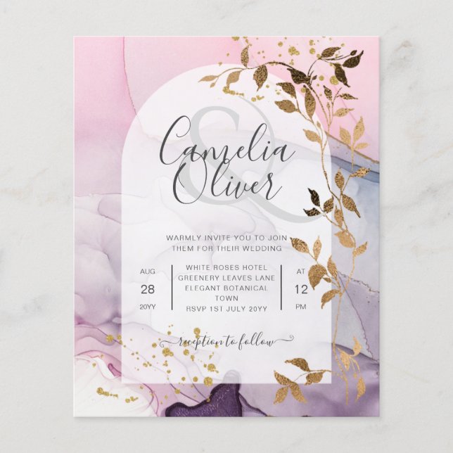 LeahG Ink Ombre Lila Pink Pink Gold Hochzeit Flyer (Vorne)
