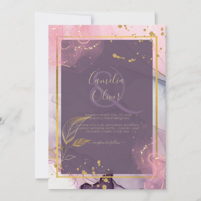 LeahG® Lavender INK Mauve Lila Gold Wedding Einladung (Vorderseite)