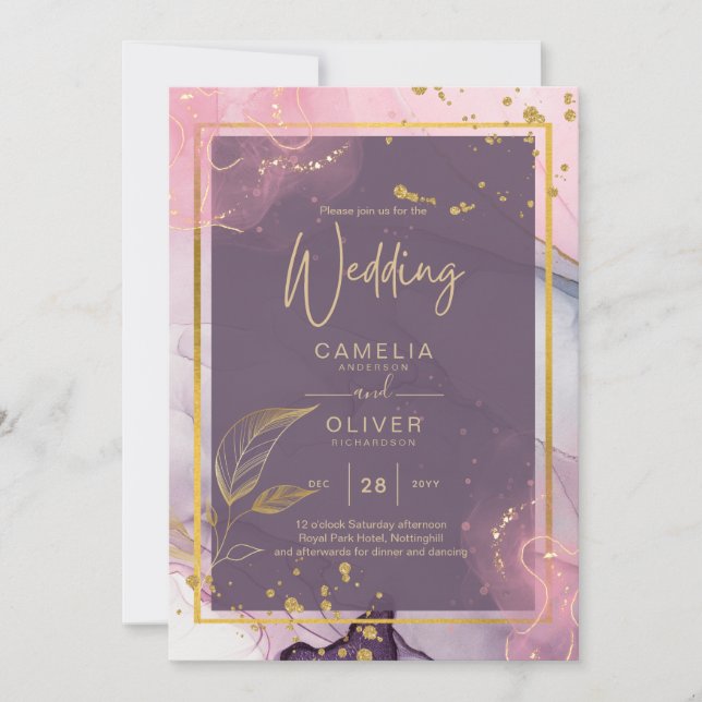 LeahG® Lavender INK Mauve Lila Gold Wedding Einladung (Vorderseite)