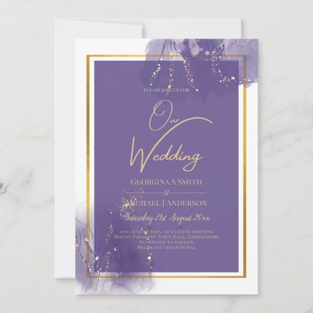 LeahG LILA GOLD Wedding Lavender ALCOHOL INK Einladung (Vorderseite)