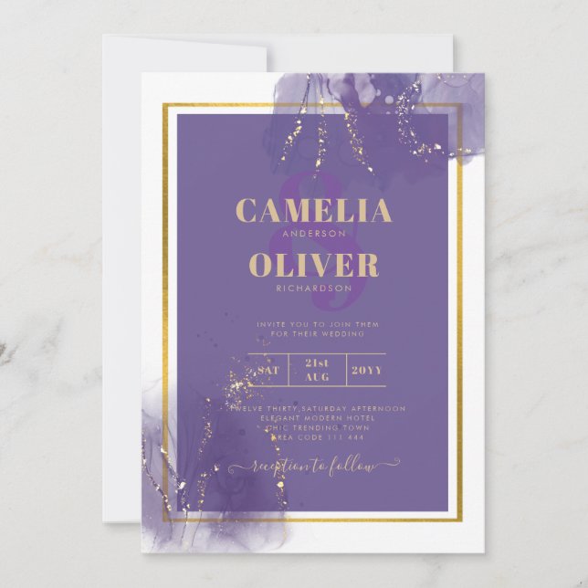 LeahG LILA GOLD Wedding Lavender ALCOHOL INK Einladung (Vorderseite)