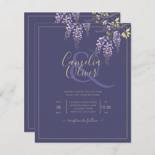 LeahG Lila Gold WISTERIA Floral Wedding INVITE (Vorne/Hinten)