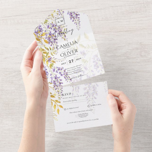 LeahG Lila Gold WISTERIA Floral Wedding INVITE All In One Einladung (Abreißen)
