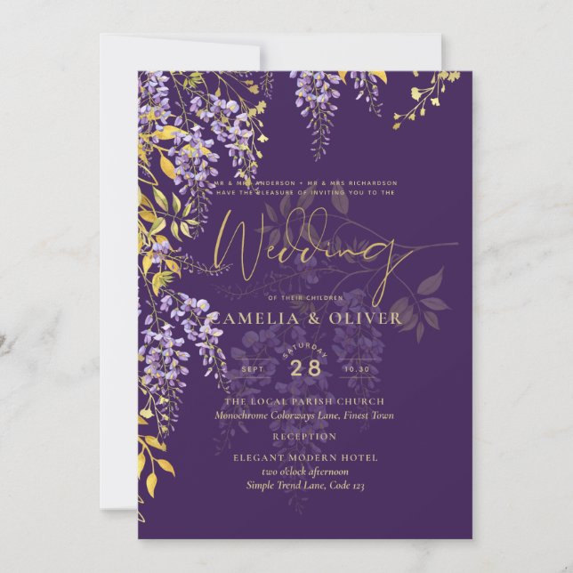 LeahG Lila Gold WISTERIA Floral Wedding INVITE Einladung (Vorderseite)