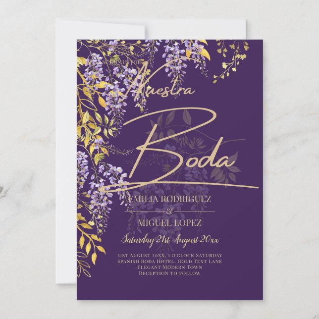 LeahG Lila Gold WISTERIA Floral Wedding INVITE Einladung (Vorderseite)
