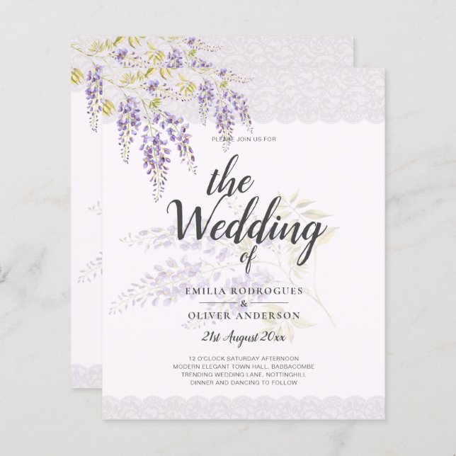 LeahG Lila WISTERIA Lace Floral Wedding INVITE (Vorne/Hinten)