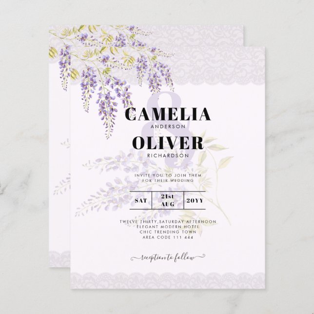 LeahG Lila WISTERIA Lace Floral Wedding INVITE (Vorne/Hinten)