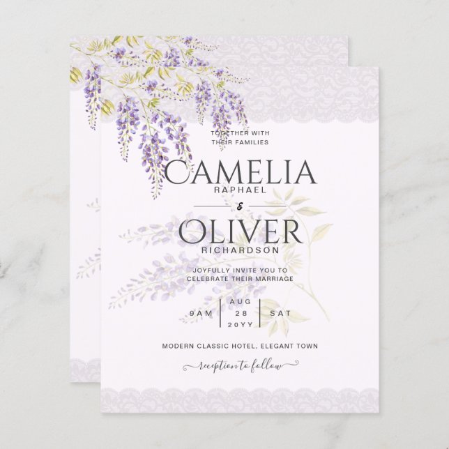 LeahG Lila WISTERIA Lace Floral Wedding INVITE (Vorne/Hinten)