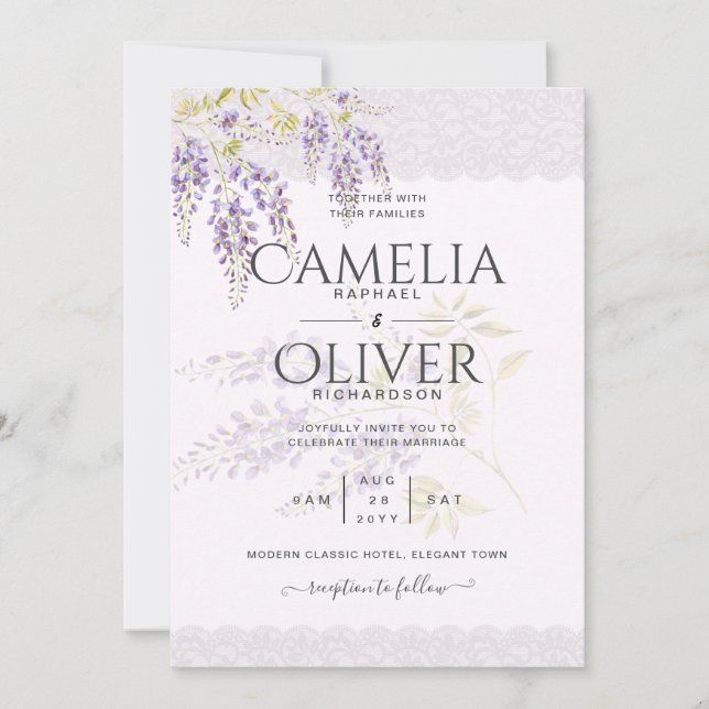LeahG Lila WISTERIA Lace Floral Wedding INVITE Einladung (Vorderseite)