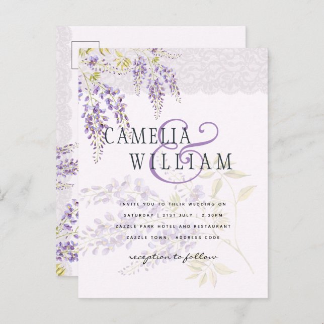 LeahG Lila WISTERIA Lace Floral Wedding INVITE Postkarte (Vorne/Hinten)