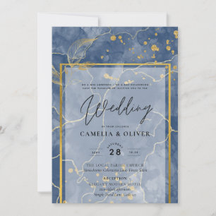 LeahG Navy Blau Gold INK Abstrakte Hochzeitseinlad Einladung