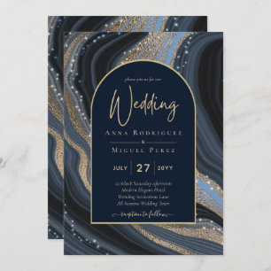 LeahG Navy Blue Gold Agate STARRY NIGHT Wedding Einladung