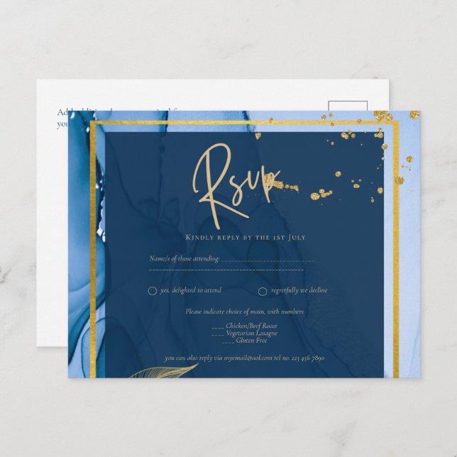 LeahG® Navy Blue Gold Alkohol Tinte Wedding Postkarte (Vorne/Hinten)