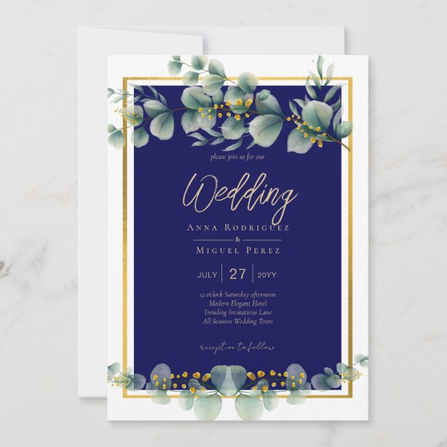 LeahG NAVY BLUE GOLD Greenery Eukalyptus Wedding Einladung (Vorderseite)