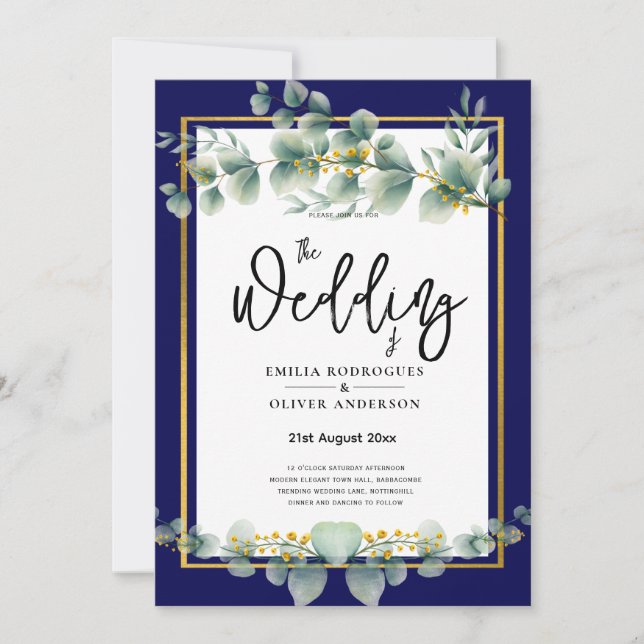 LeahG NAVY BLUE GOLD Greenery Eukalyptus Wedding Einladung (Vorderseite)