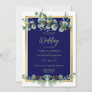 LeahG NAVY BLUE GOLD Greenery Eukalyptus Wedding Einladung