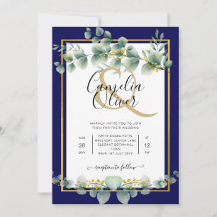 LeahG NAVY BLUE GOLD Greenery Eukalyptus Wedding Einladung