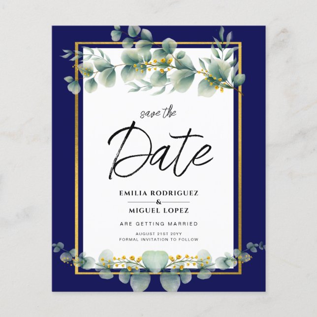 LeahG NAVY BLUE GOLD Greenery Eukalyptus Wedding Flyer (Vorne)