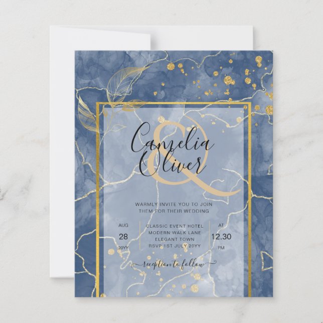 LeahG Navy Blue Gold INK Abstrakt Wedding INVITE (Vorderseite)