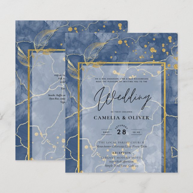 LeahG Navy Blue Gold INK Abstrakt Wedding INVITE (Vorne/Hinten)