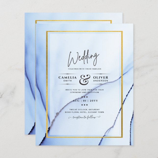 LeahG Navy Blue Gold INK Abstrakt Wedding INVITE (Vorne/Hinten)