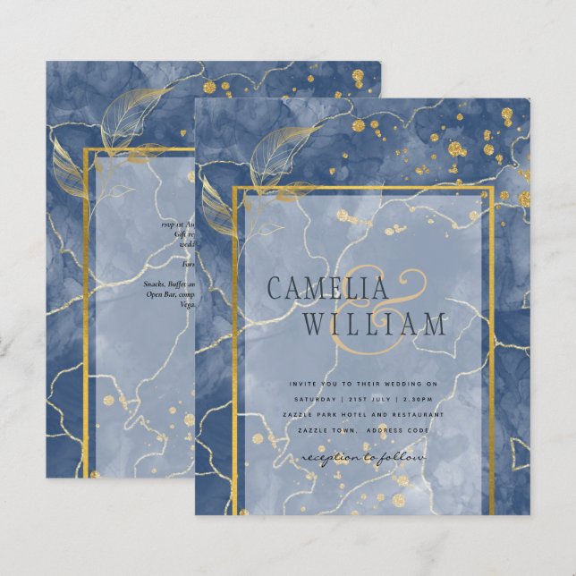 LeahG Navy Blue Gold INK Abstrakt Wedding INVITE (Vorne/Hinten)