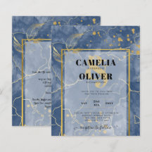 LeahG Navy Blue Gold INK Abstrakt Wedding INVITE