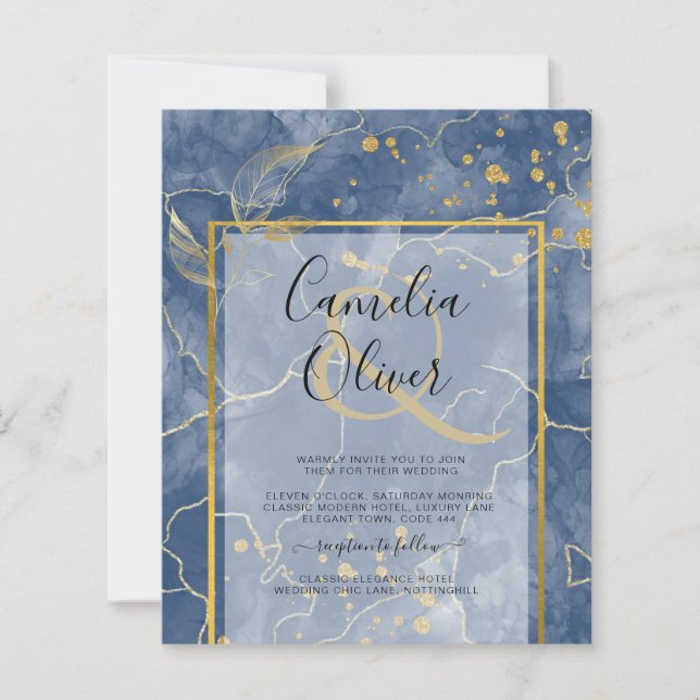LeahG Navy Blue Gold INK Abstrakt Wedding INVITE (Vorderseite)