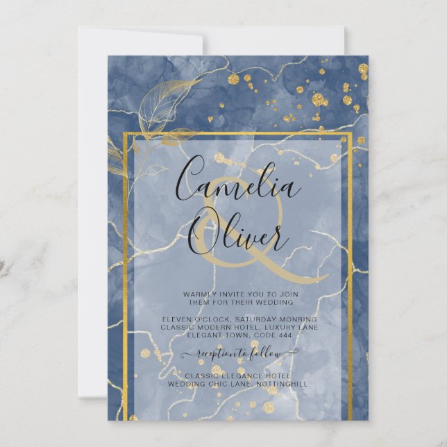 LeahG Navy Blue Gold INK Abstrakt Wedding INVITE Einladung (Vorderseite)