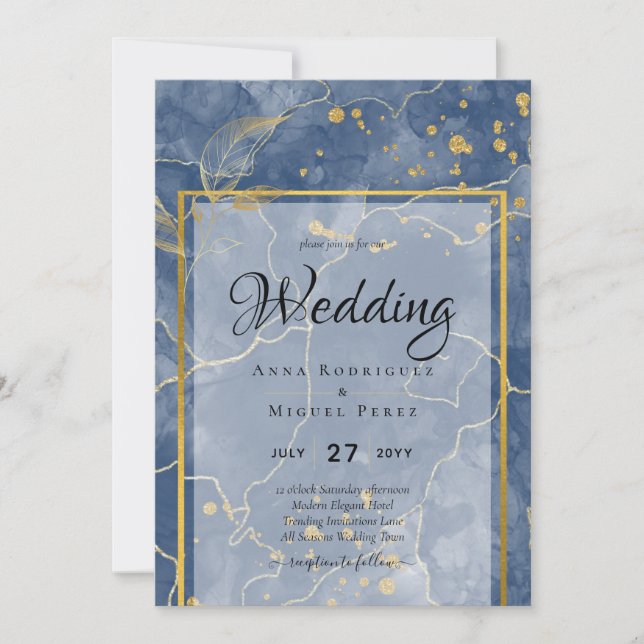 LeahG Navy Blue Gold INK Abstrakt Wedding INVITE Einladung (Vorderseite)