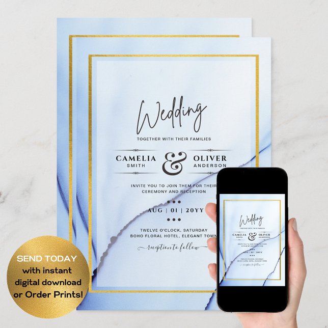 LeahG Navy Blue Gold INK Abstrakt Wedding INVITE Einladung (Von Creator hochgeladen)
