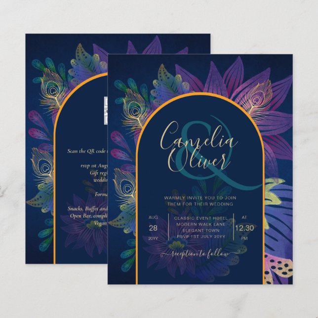 LeahG Navy Lila Gold JEWEL TONES Wedding INVITE (Vorne/Hinten)