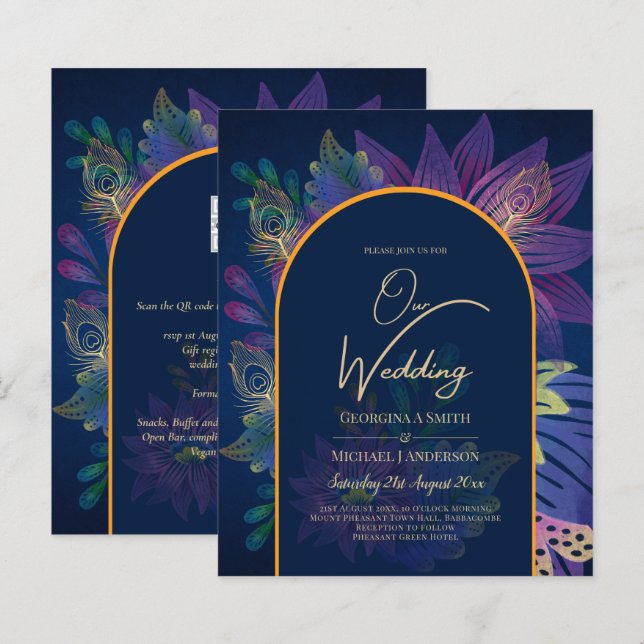 LeahG Navy Lila Gold JEWEL TONES Wedding INVITE (Vorne/Hinten)