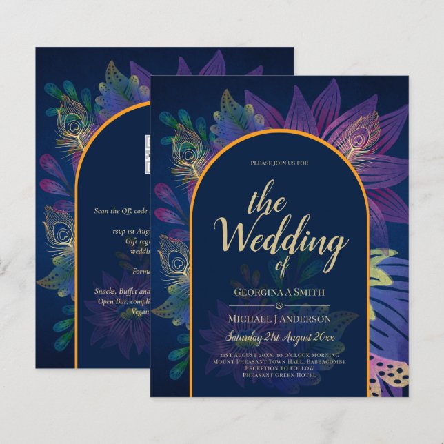 LeahG Navy Lila Gold JEWEL TONES Wedding INVITE (Vorne/Hinten)