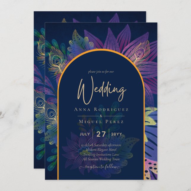 LeahG Navy Lila Gold JEWEL TONES Wedding INVITE Einladung (Vorne/Hinten)