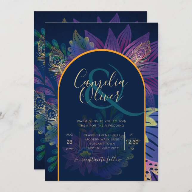 LeahG Navy Lila Gold JEWEL TONES Wedding INVITE Einladung (Vorne/Hinten)