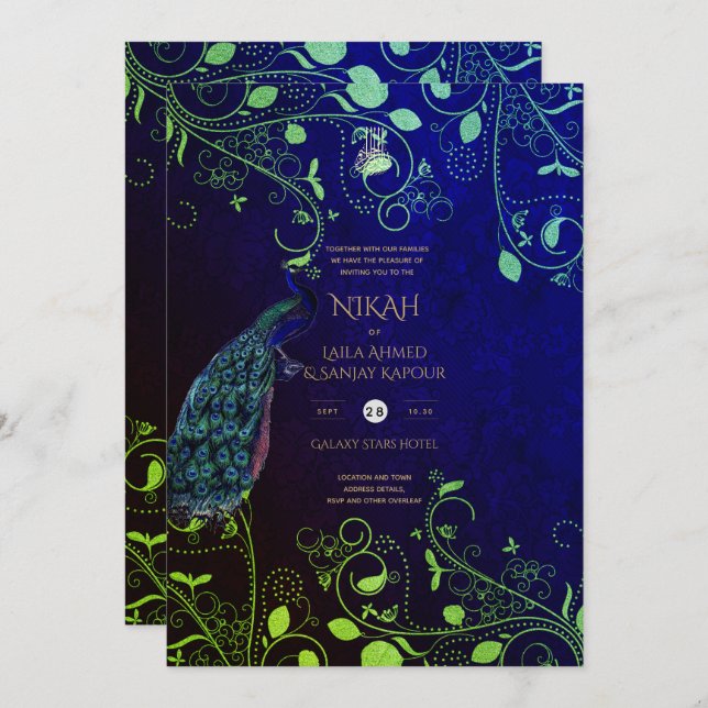 LeahG Peacock Blue Islamic Muslim Wedding lädt ein Einladung (Vorne/Hinten)